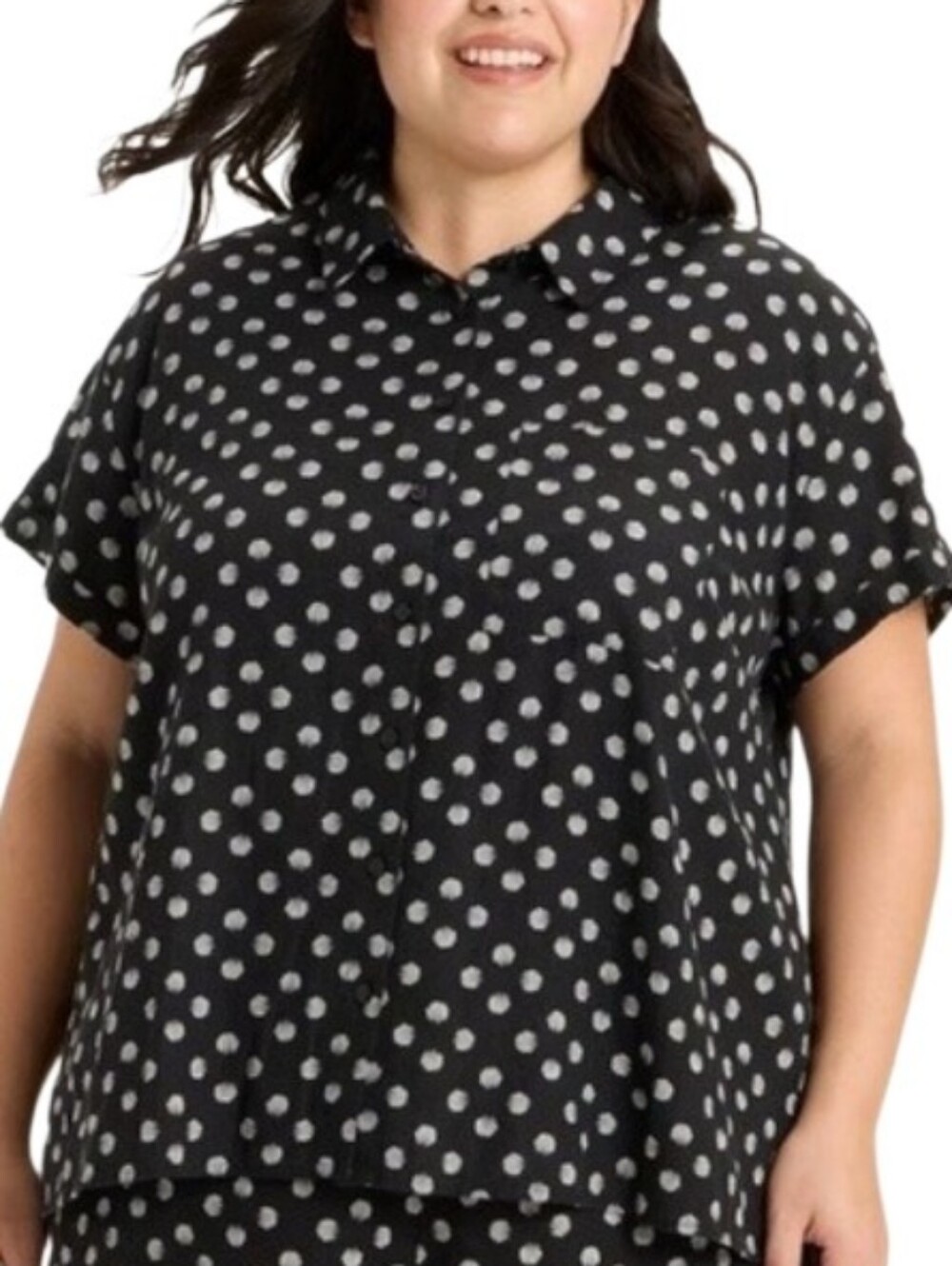 Linen Blend Button-Front Women's Top - Black/White Shell Print Sz 3X Nwt